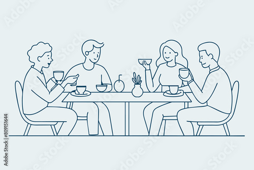 continuous line drawing of company of friends dining in restaurant vector design
