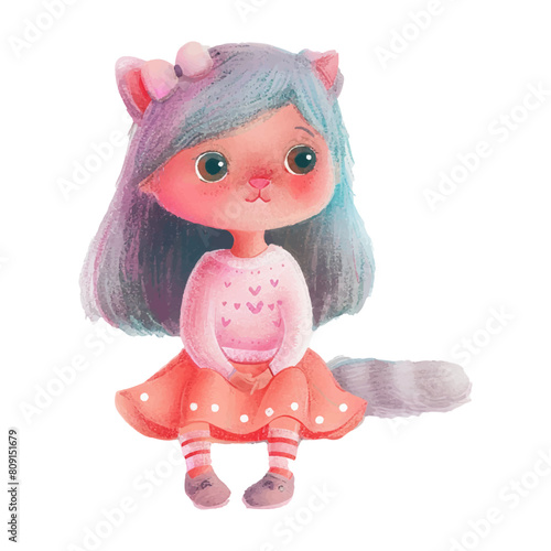 cat girl sitting white background (6)