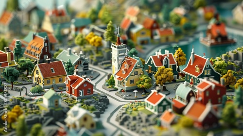 a centered wide shot isometric pixel art small Scandinavian town gradually going big to small, isolated