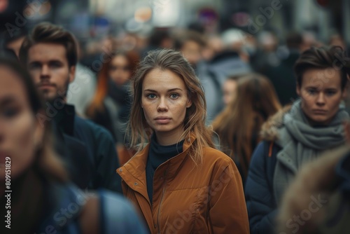Calm young woman stands with subtle expression among busy crowd