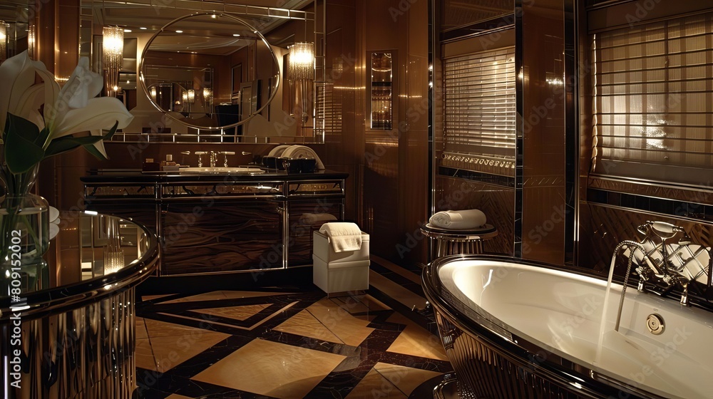 Design an opulent bathroom with dark wood, marble, and gold accents. The room should have a luxurious feel and include a large soaking tub, a separate shower, and a double vanity.