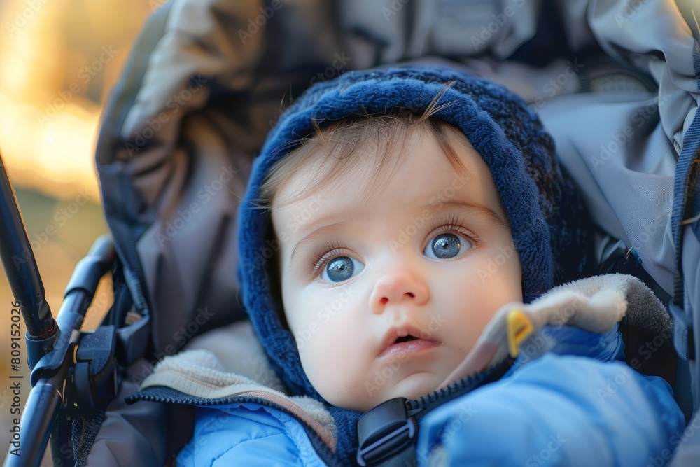 Close-up of a baby in a stroller looking around with curiosity, A baby in a stroller observing the world with wide-eyed wonder Close-up of a baby in a stroller looking around with curiosity, A baby in a stroller observing the world with wide-eyed wonder