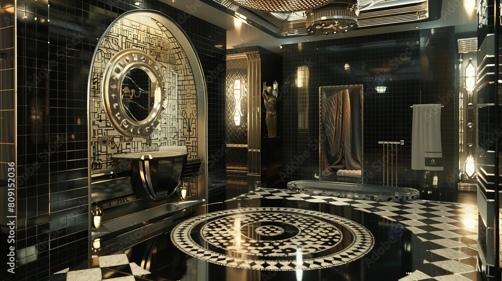 Obraz premium Photo of an art deco bathroom with black marble tiles, gold fixtures, and a large round bathtub in the center