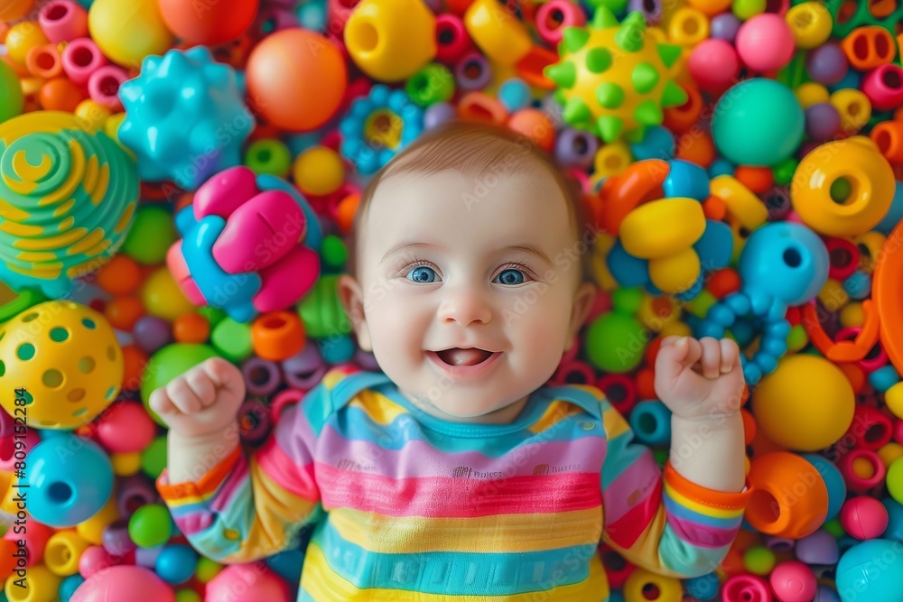 A baby happily stands in the midst of a colorful pile of toys, A giggling baby surrounded by colorful toys scattered on the floor A baby happily stands in the midst of a colorful pile of toys, A giggling baby surrounded by colorful toys scattered on the floor