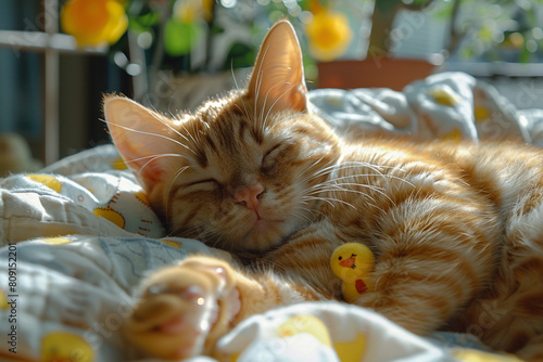 Capture an orange cat basking in a warm sunbeam, highlighting its love of comfort photo