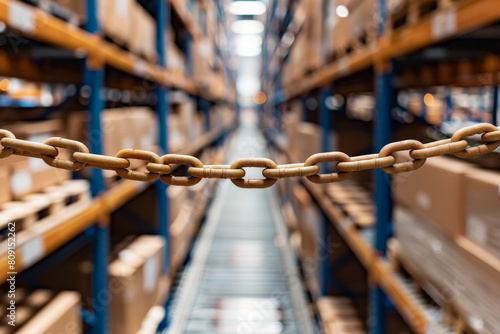 A chain in a warehouse with boxes on shelves photo