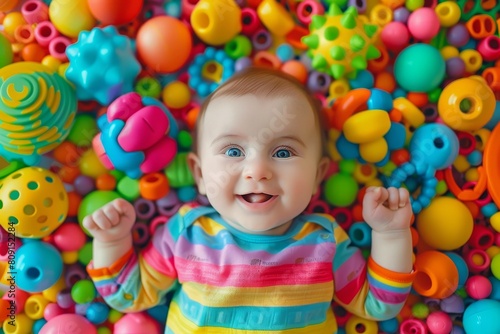 A baby happily stands in the midst of a colorful pile of toys, A giggling baby surrounded by colorful toys scattered on the floor