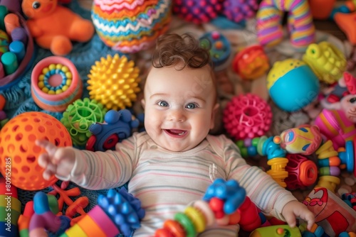 A baby joyfully sits surrounded by a variety of colorful toys, A giggling baby surrounded by colorful toys scattered on the floor