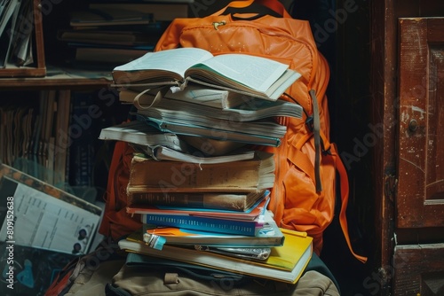 A pile of books is stacked on top of a backpack filled with textbooks and supplies, A backpack overflowing with textbooks and supplies