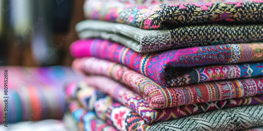 Traditional fabrics with colorful patterns and textures assorted, variety of textiles. Closeup background.   