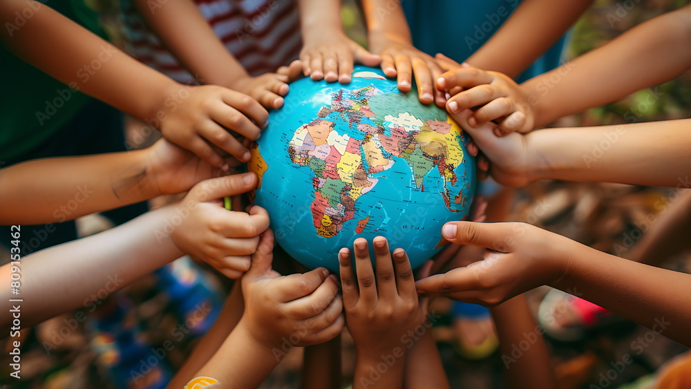 a globe surrounded by diverse children hands that exudes sustainability, inclusion, diversity and education. with generative ai a globe surrounded by diverse children hands that exudes sustainability, inclusion, diversity and education. with generative ai