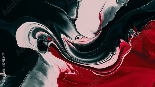 An abstract background in black and red colors, fluid shapes of acrylic paint. Layers and transparencies to create depth and texture in the composition. photo