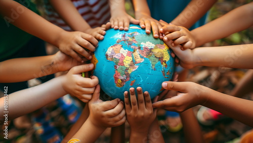 a globe surrounded by diverse children hands that exudes sustainability, inclusion, diversity and education. with generative ai