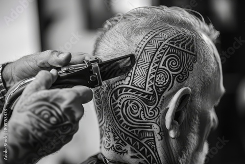 A man sitting while a barber tattoos intricate designs on his head, A barber creating intricate designs and patterns in a customer's hair with clippers