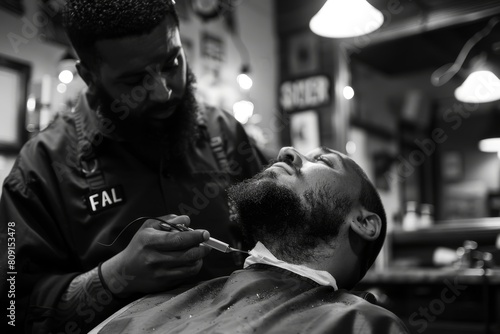 A man sitting in a barber chair while the barber trims his hair with precision, A barber carefully trimming a customer's beard with precision
