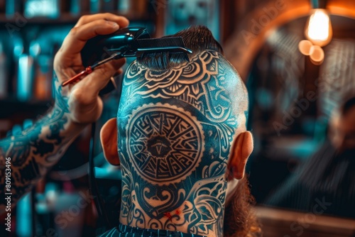 A man sitting still as a barber tattoos intricate designs on his head, A barber creating intricate designs and patterns in a customer's hair with clippers