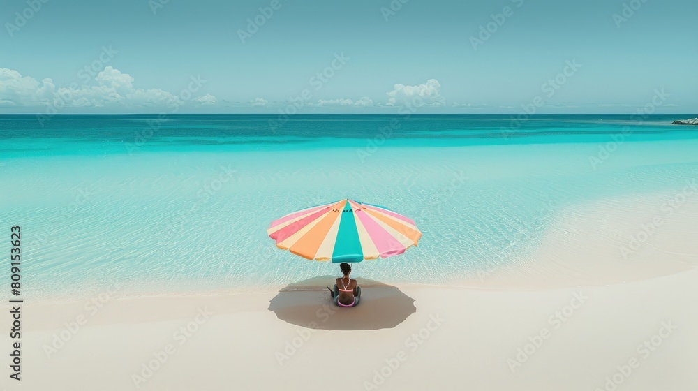a colorful beach umbrella casting its shade on pristine white sand, against the backdrop of azure skies and crystal-clear turquoise waters, embodying the quintessential essence 