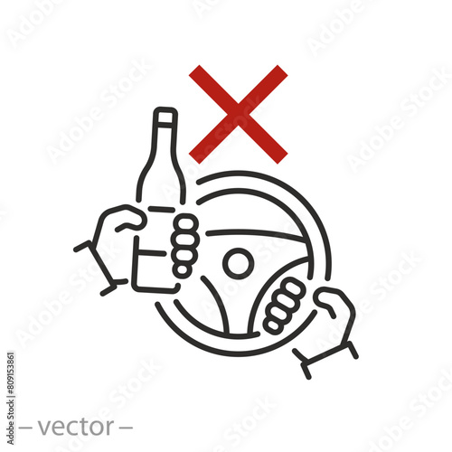 stop alcohol in car icon, prohibition drunk driving, don't drink and drive, wine bottle with car wheel, thin linear vector illustration
