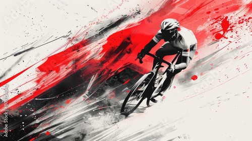 A cyclist in motion captured against a vibrant abstract background