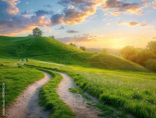 This captivating landscape portrays rolling green hills and a scenic sunset througout the countryside