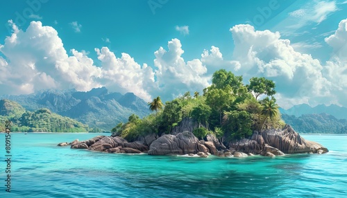 A stunning island conveys solitude and the beauty of nature with lush vegetation surrounded by clear blue waters