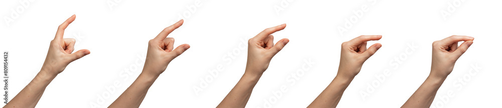 Woman showing size with hand gesture, small to large. Person s finger movements, white background Woman showing size with hand gesture, small to large. Person s finger movements, white background