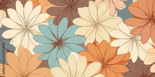 Pastel flowers in geometric pattern  in the style of light brown and light beige. Draw paint ink art decoration background