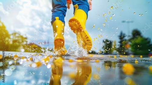 yellow rain boots as they leap into puddles, splashing water and creating playful reflections on the glistening wet asphalt of a city street