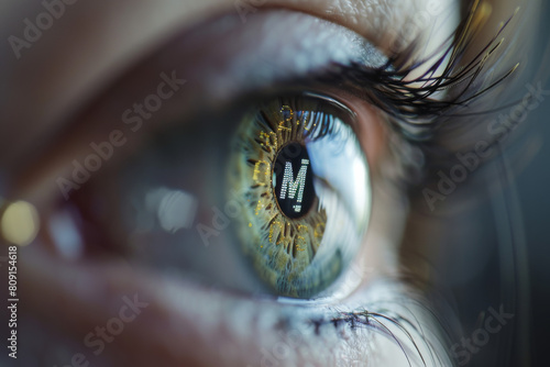 A close up of a woman 's eye with a reflection of a computer chip photo