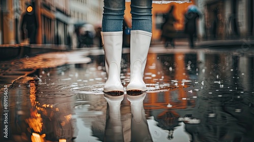 white rain boots as they leap into puddles, splashing water and creating playful reflections on the glistening wet asphalt of a city street.