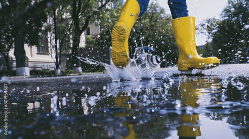 yellow rain boots as they leap into puddles, splashing water and creating playful reflections on the glistening wet asphalt of a city street.