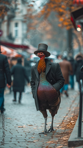 Suave turkey parades through city streets in tailored elegance, epitomizing street style.
