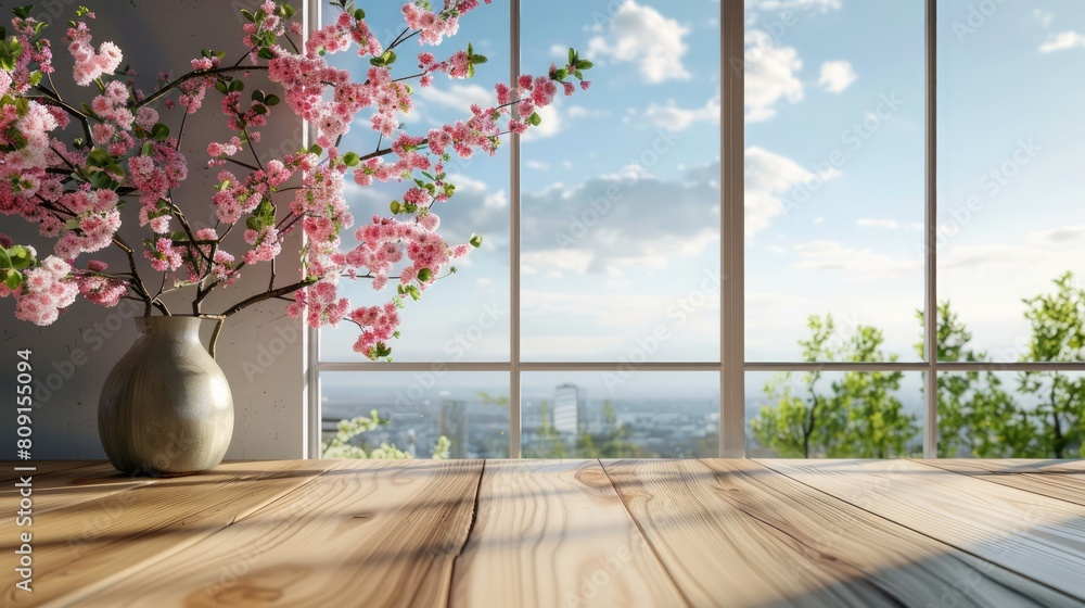 Fototapeta premium A vase of pink flowers sits on a wooden table in front of a window. The flowers are in full bloom, and the sunlight streaming in through the window casts a warm glow on the scene