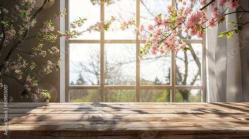 A wooden table with a view of trees and a window. The table is empty and the view is of a tree with pink flowers