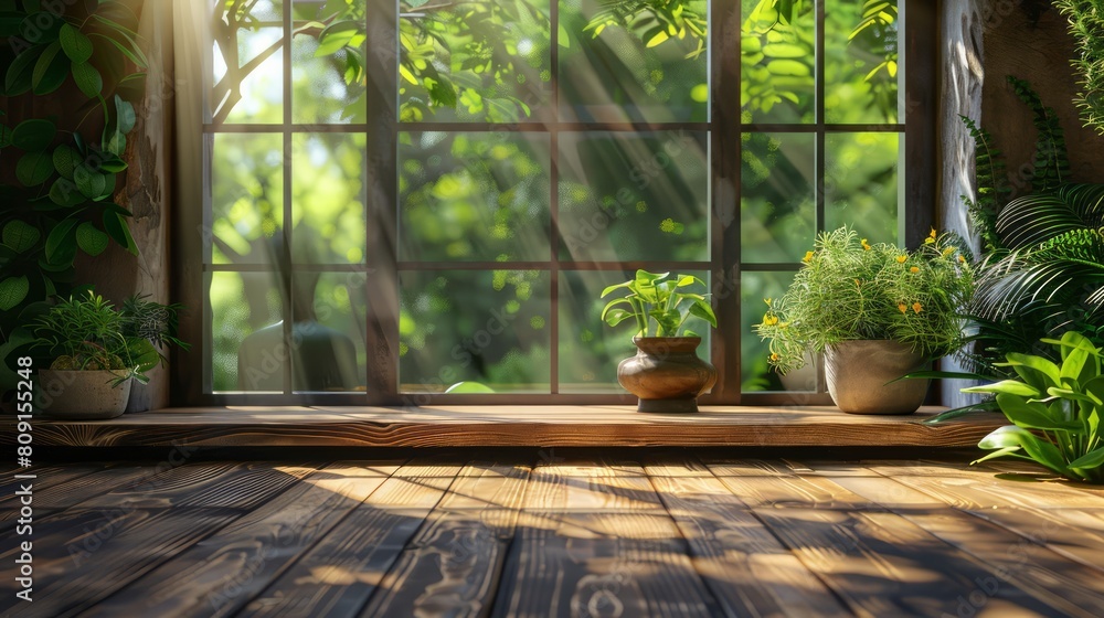 Fototapeta premium A window with a view of a lush green garden. The window is open, letting in the sunlight and the fresh air. There are several potted plants on the windowsill, including a vase with flowers