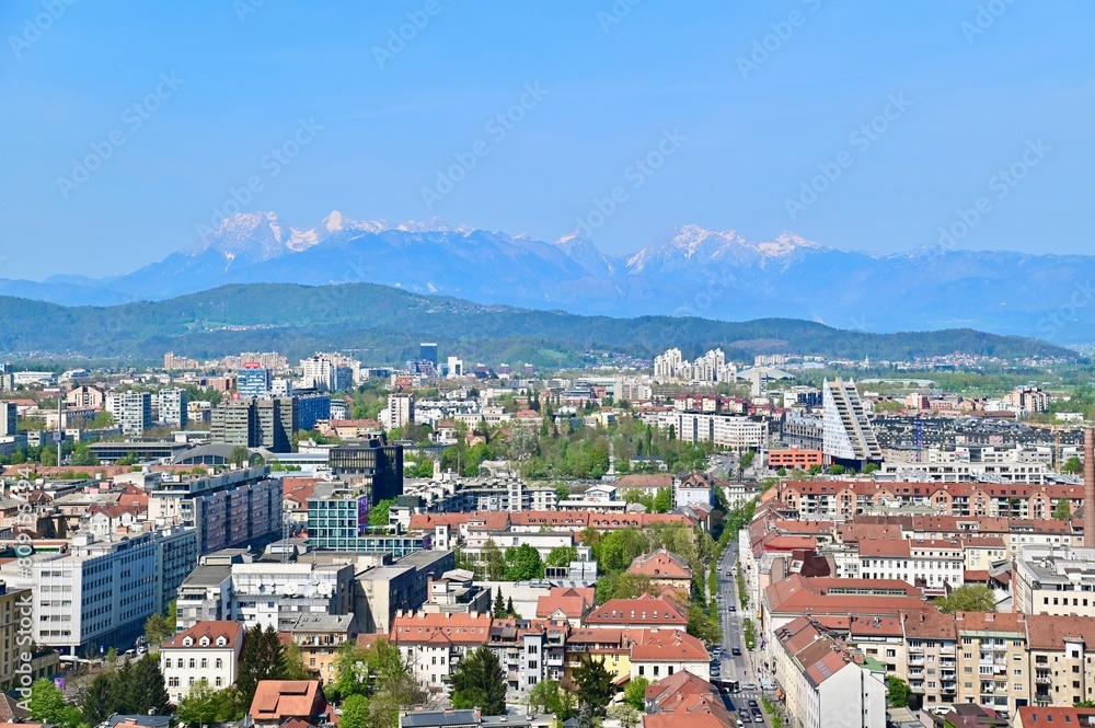 Aerial View of Ljubljana City on Sunny Day in Slovenia