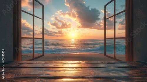 The sun is setting over the ocean, casting a warm glow on the water. The sky is filled with clouds, creating a serene and peaceful atmosphere. The scene is framed by two open windows photo