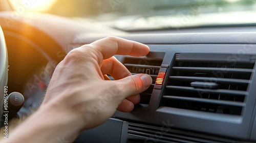 a hand delicately poised over an air conditioner control panel in a car, poised to press a button, capturing the precise moment of climate control adjustment on the road. © ZinaZaval