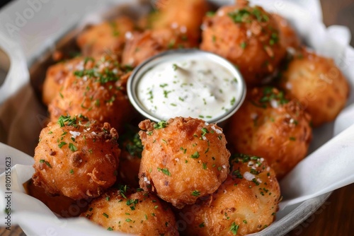 A basket filled with golden crispy tater tots covered generously in creamy ranch dressing, A basket of golden brown hush puppies served with tartar sauce photo