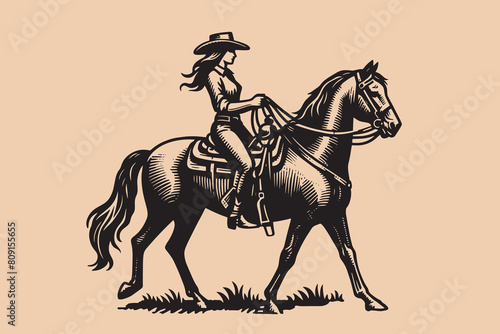 Beautiful young cowgirl woman ride horse. Vintage engraving vector illustration, isolated object