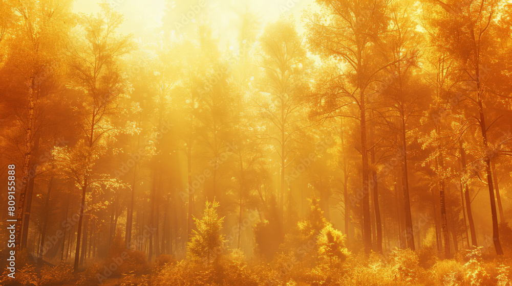 Obraz premium Sunlit golden forest scene in serene morning light