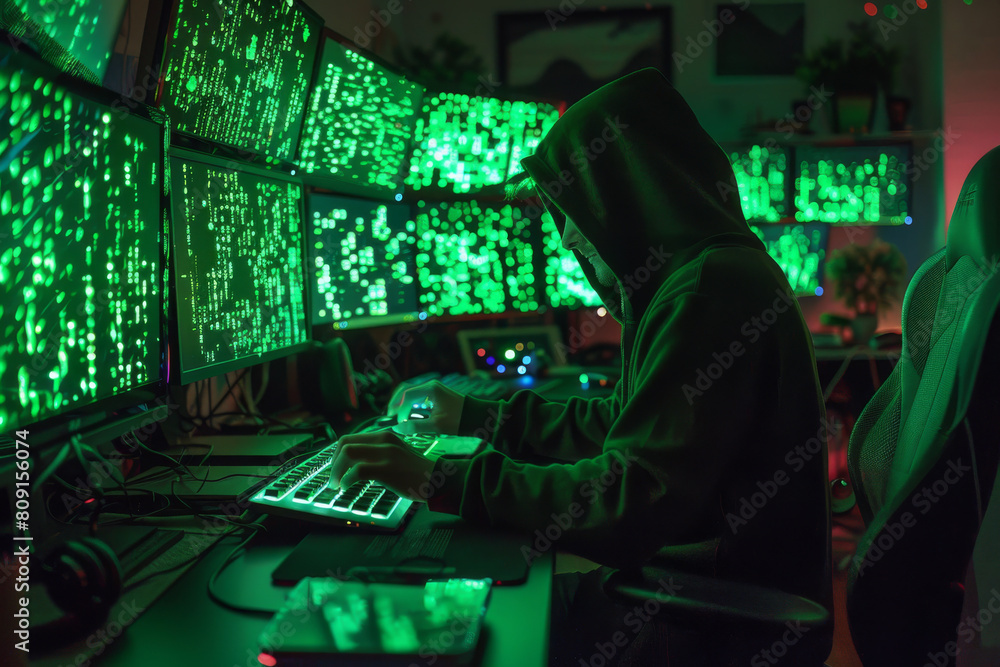 A man in a green hoodie is typing on a keyboard A man in a green hoodie is typing on a keyboard