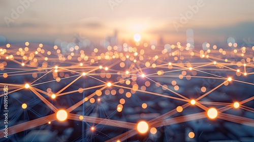 a big data connection network against the backdrop of a burgeoning smart city skyline, illuminated by the soft hues of dawn breaking over the horizon. photo