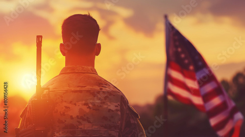 Soldado em frente a uma bandeira dos Estados Unidos - wallpaper HD photo