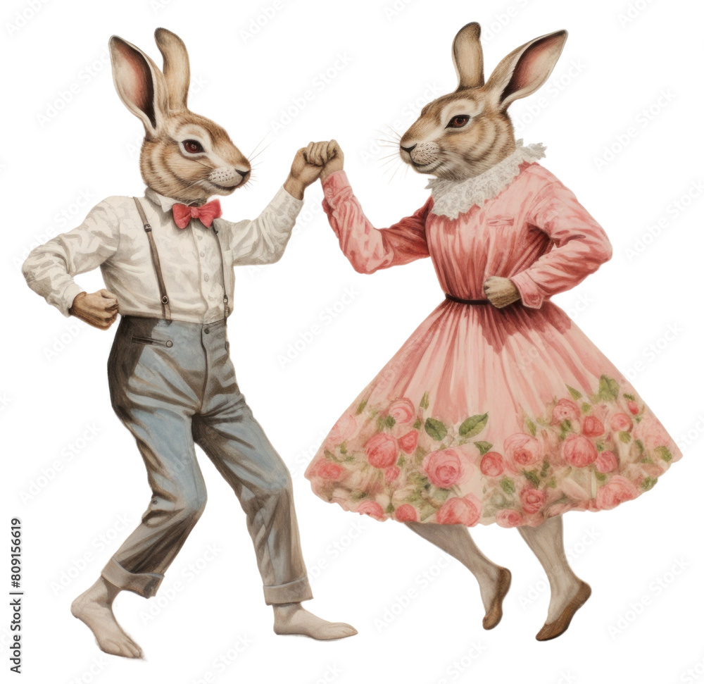 Obraz premium PNG Rabbit couple characters dancing drawing sketch animal