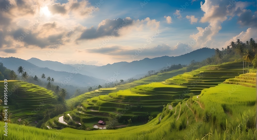 Southeast Asian rice terraces seen from a mountaintop in a panoramic view. incredibly vast rice field view