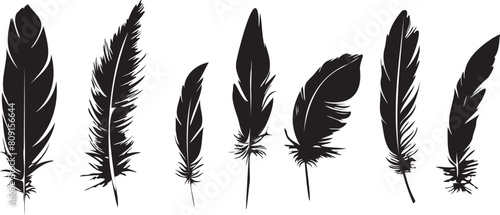 Set of black silhouette feather icons on white background

