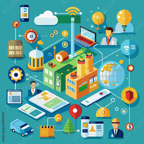The Internet of Things IoT in manufacturing. Integration of connected devices to optimize production, maintenance, inventory, and other factory operations in the new era of Industry 4.0