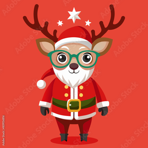 Reindeer with glasses on red background in christmas costume