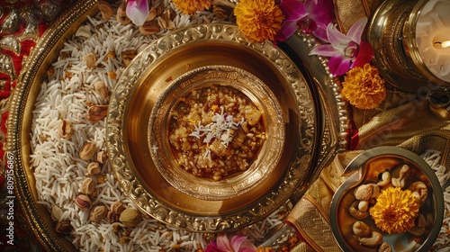 Indian sweet kheer adorned with nuts, served on a decorated plate against a festive background, alongside the traditional sweet dish jalebi in a bowl, set on a table cloth with floral decorations.